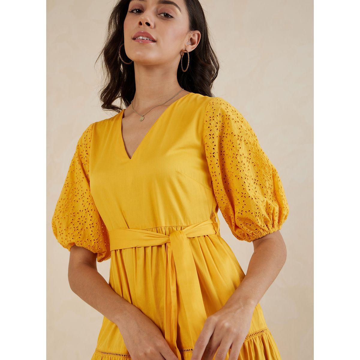 Femmella X Styli  Schiffli Sleeves Cotton Belted Tiered Midi Dress-women-clothing-dresses-image-4