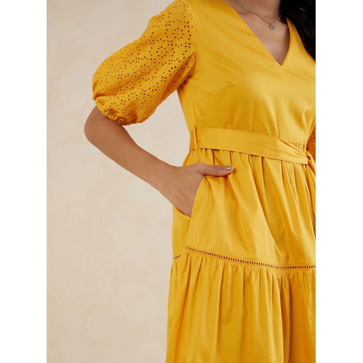 Femmella X Styli  Schiffli Sleeves Cotton Belted Tiered Midi Dress-women-clothing-dresses-image-6