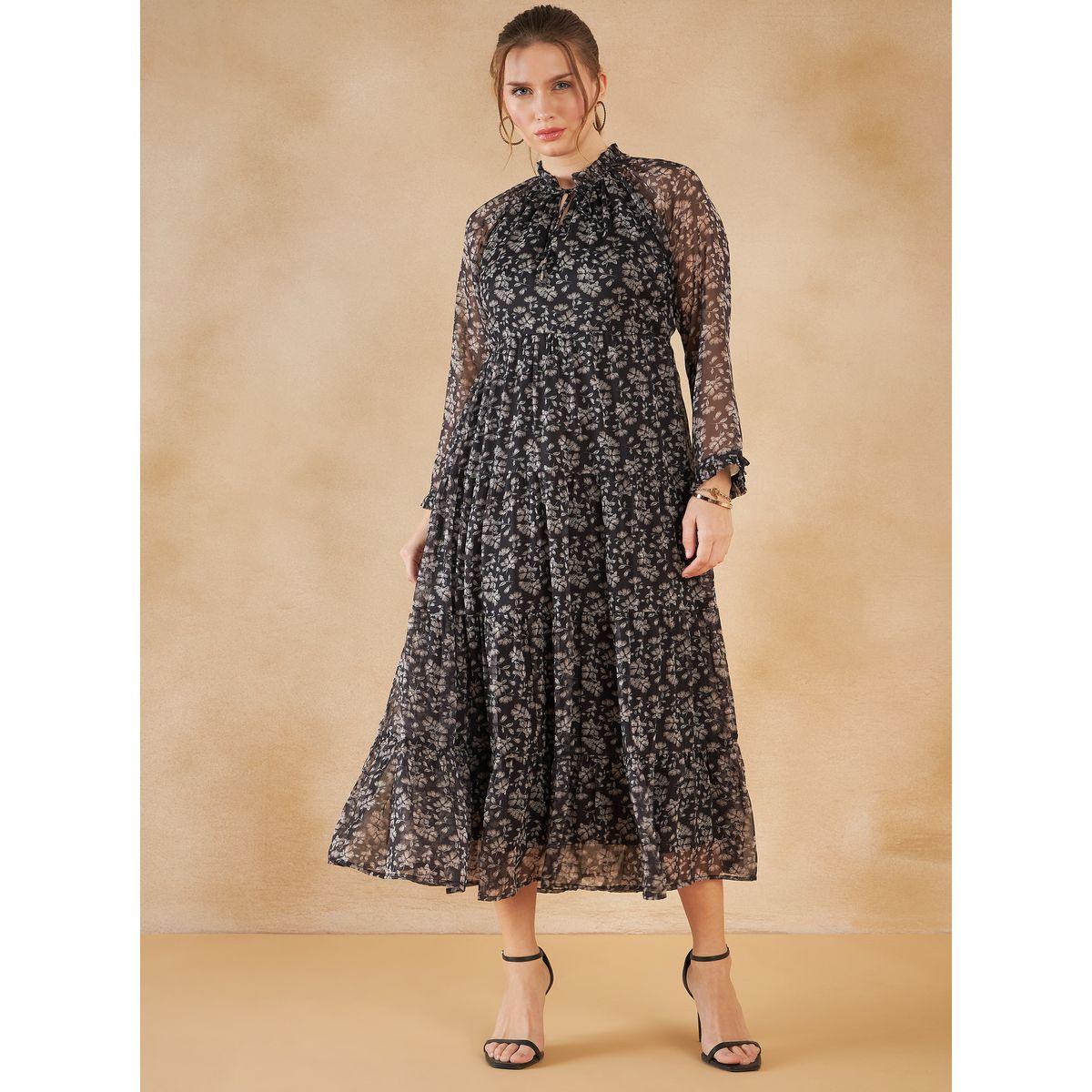 فستان طويل بطبعة زهور وياقة باربطة فِميلا × ستايلي-women-clothing-dresses-image-1