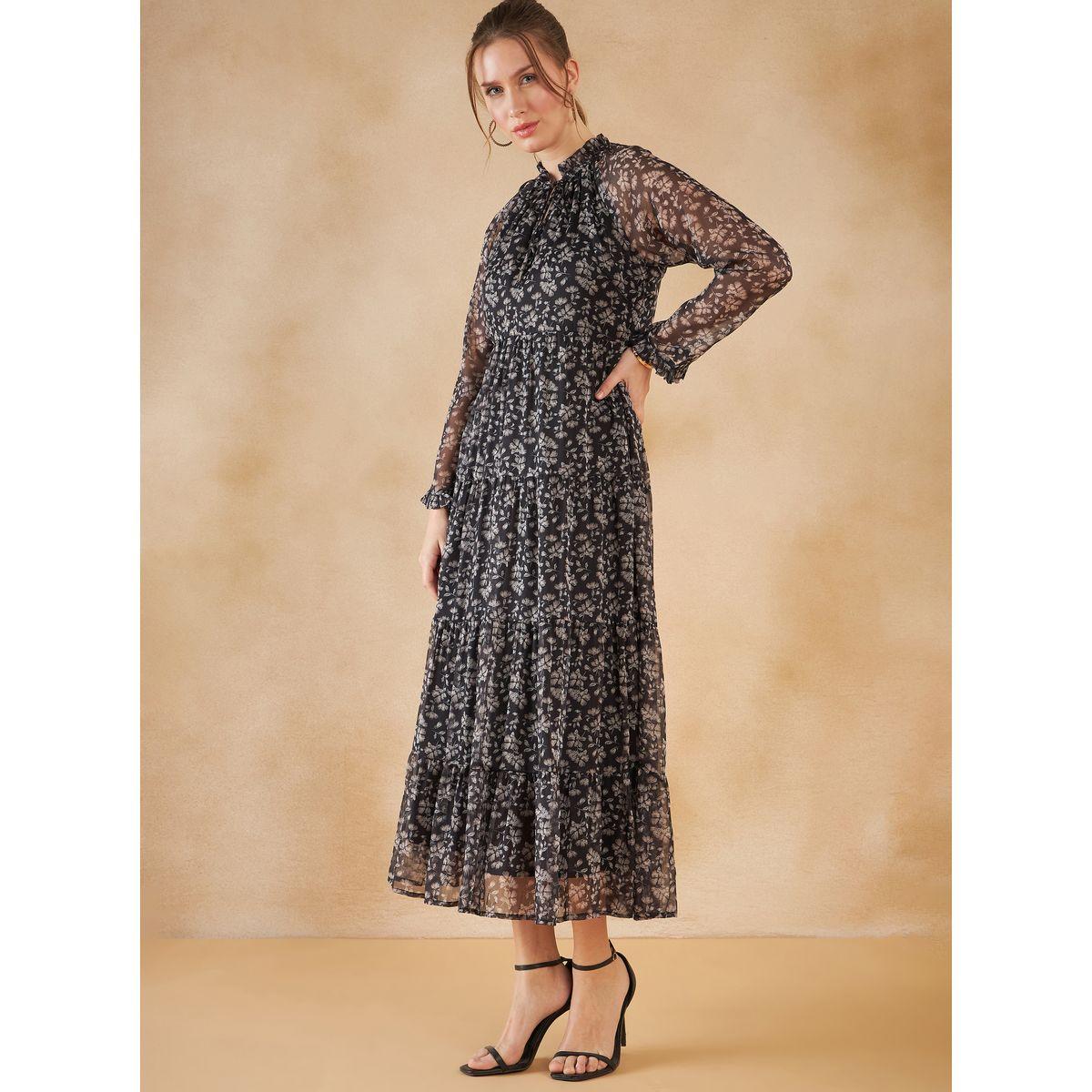 فستان طويل بطبعة زهور وياقة باربطة فِميلا × ستايلي-women-clothing-dresses-image-3