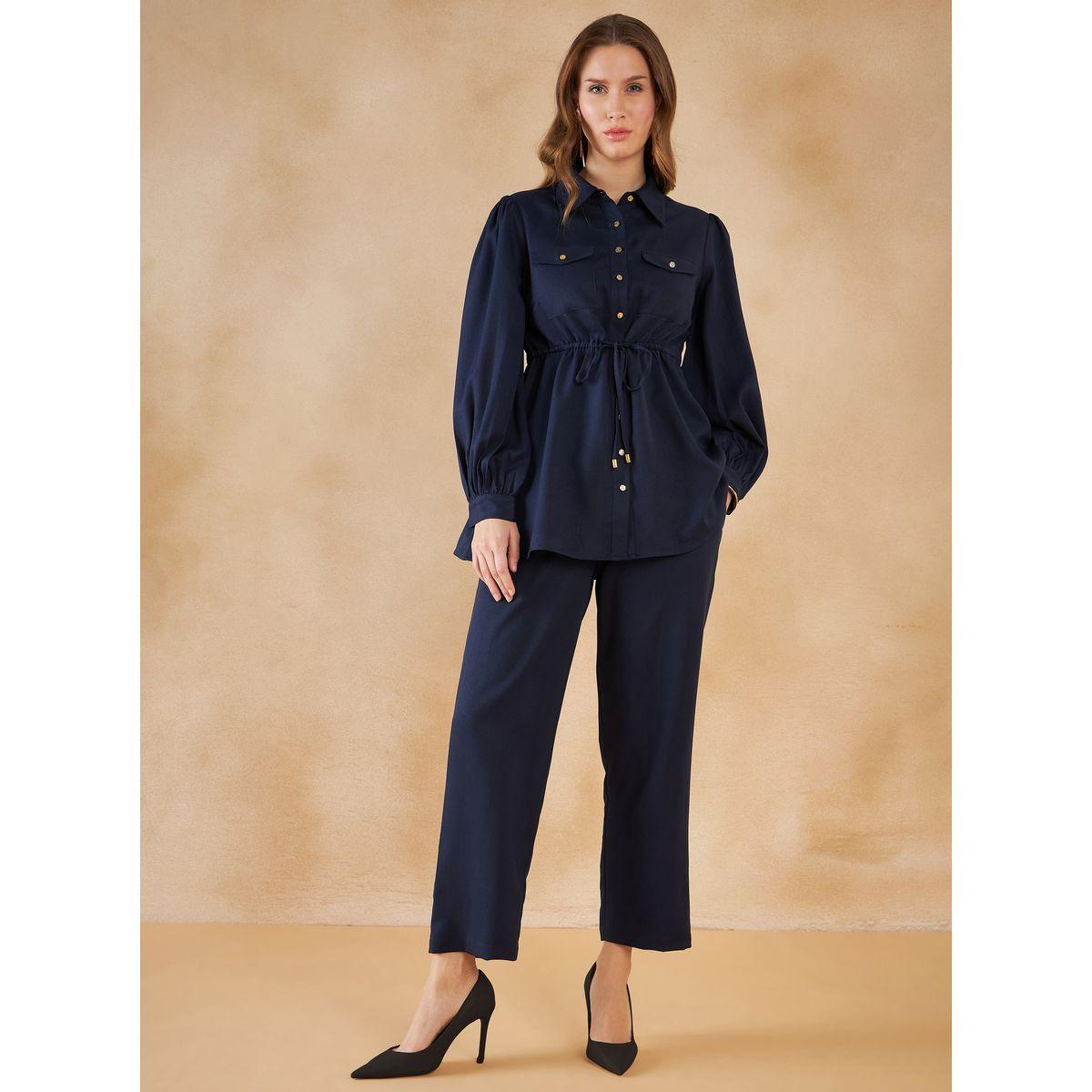 Femmella X Styli  Pocket Detail Drawstring Tie Up Longline Shirt & Pants Co-Ord-women-clothing-coordsets-image-1