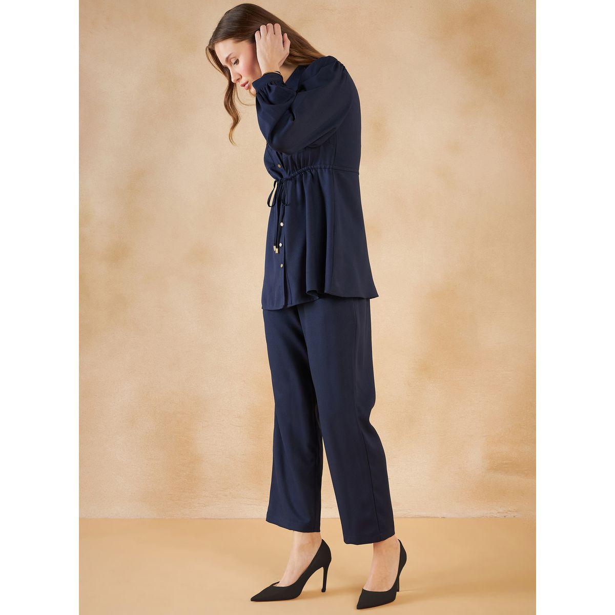 Femmella X Styli  Pocket Detail Drawstring Tie Up Longline Shirt & Pants Co-Ord-women-clothing-coordsets-image-2