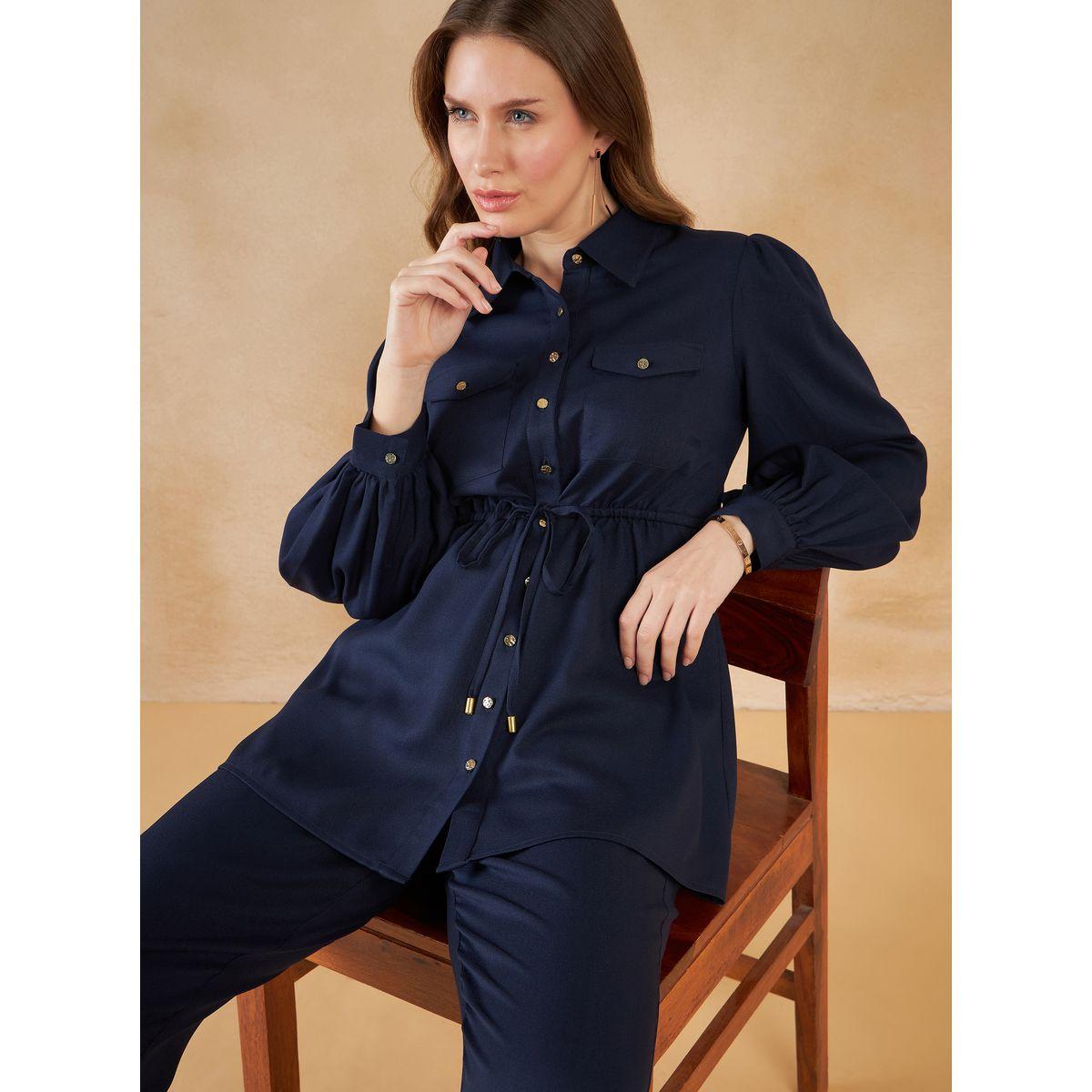 Femmella X Styli  Pocket Detail Drawstring Tie Up Longline Shirt & Pants Co-Ord-women-clothing-coordsets-image-4