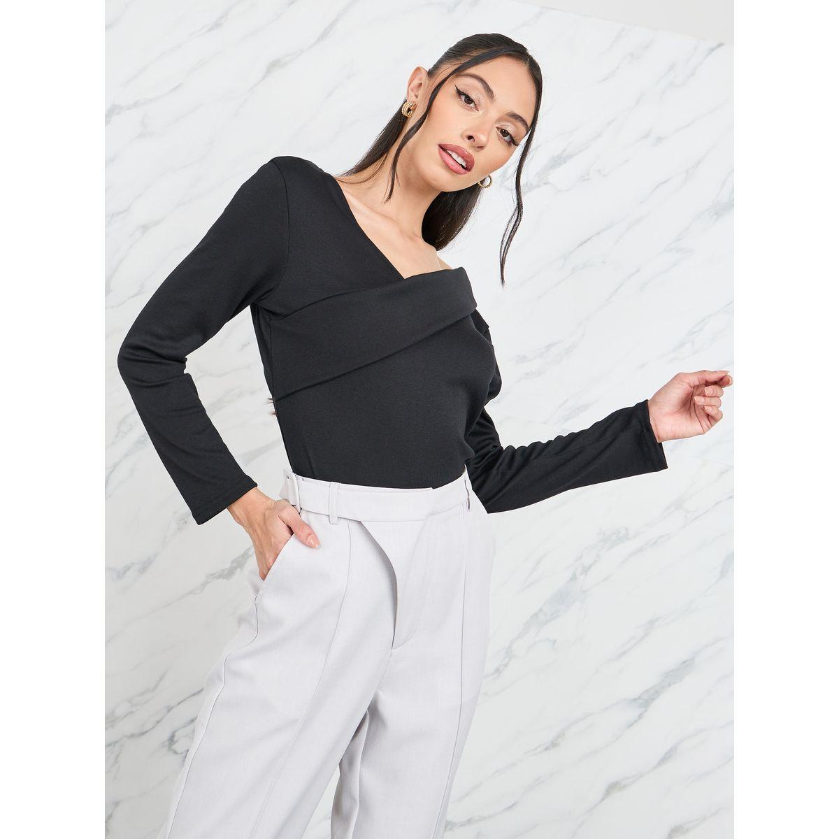 بلوزة سادة بياقة غير متماثلة الطول-women-clothing-shirtsandblouses-blouses-image-1