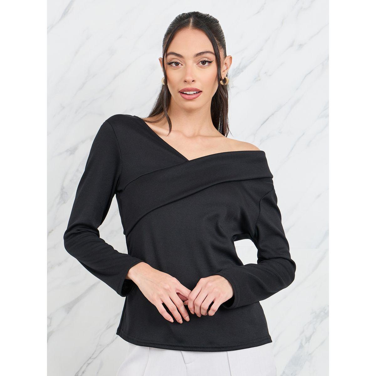 بلوزة سادة بياقة غير متماثلة الطول-women-clothing-shirtsandblouses-blouses-image-3