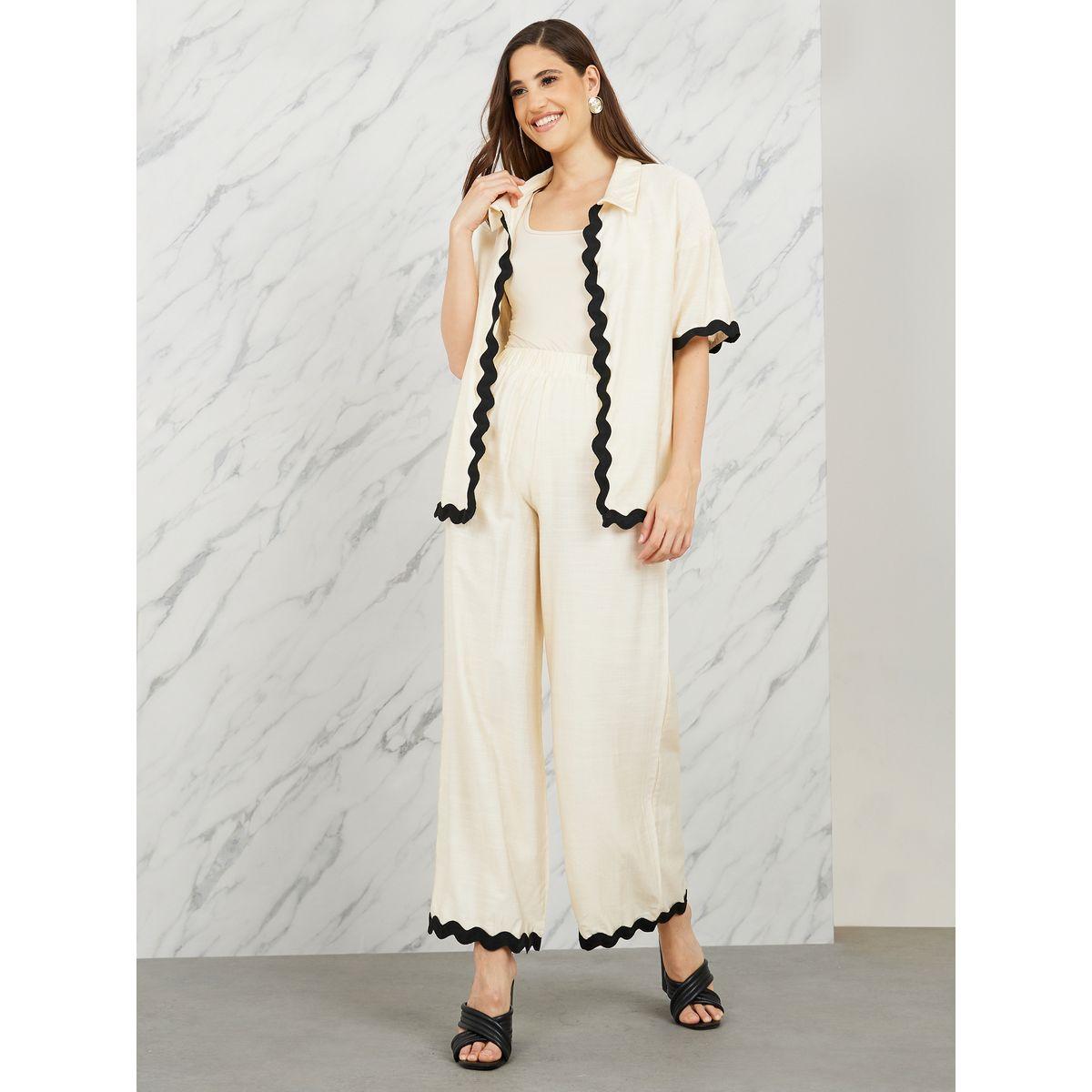 Styli Contrast Scallop Trim Shirt and High Rise Wide Leg Pant Set-women-clothing-coordsets-image-1