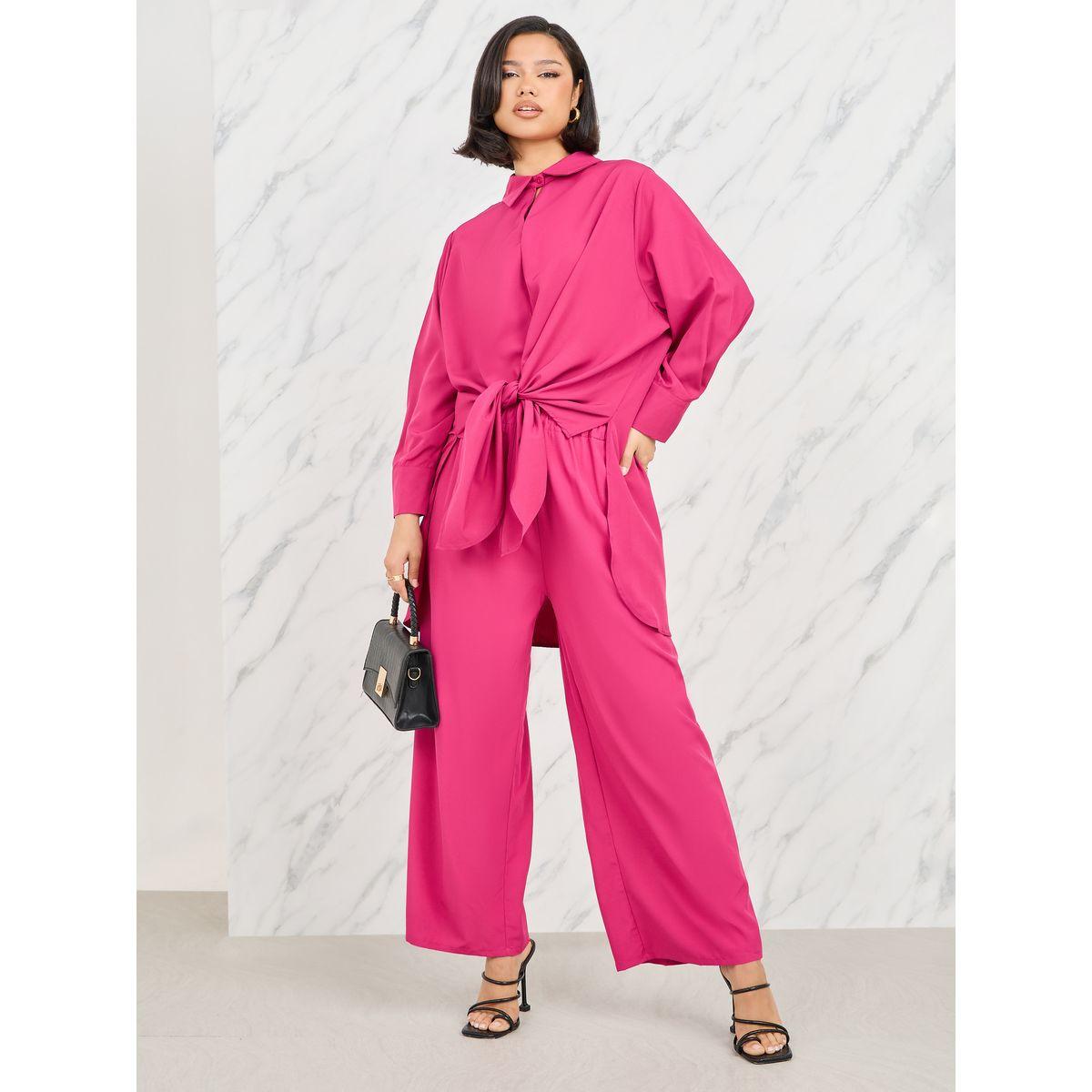 Styli Front Tie Up Hem Longline Shirt and Wide Leg Pant Set-women-clothing-coordsets-image-1