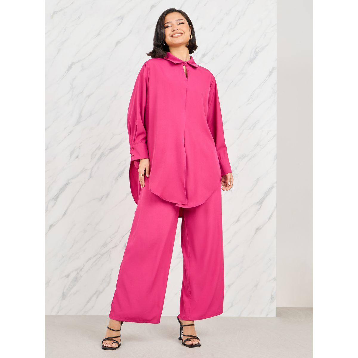 Styli Front Tie Up Hem Longline Shirt and Wide Leg Pant Set-women-clothing-coordsets-image-2