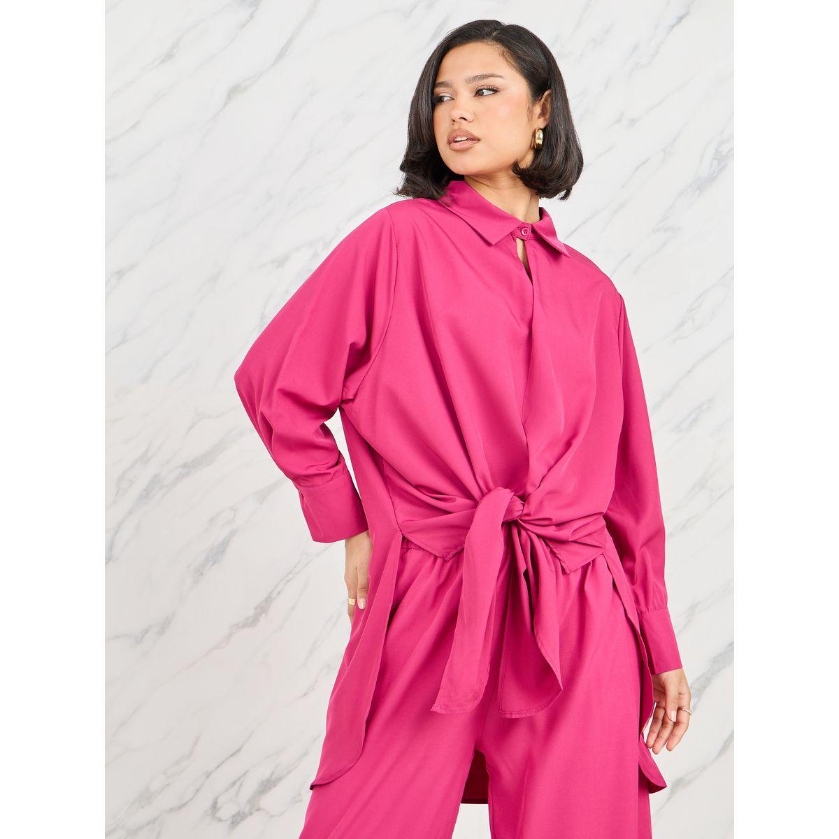 مجموعة من بنطال بارجل واسعة مع بلوزة باربطة-women-clothing-coordsets-image-3