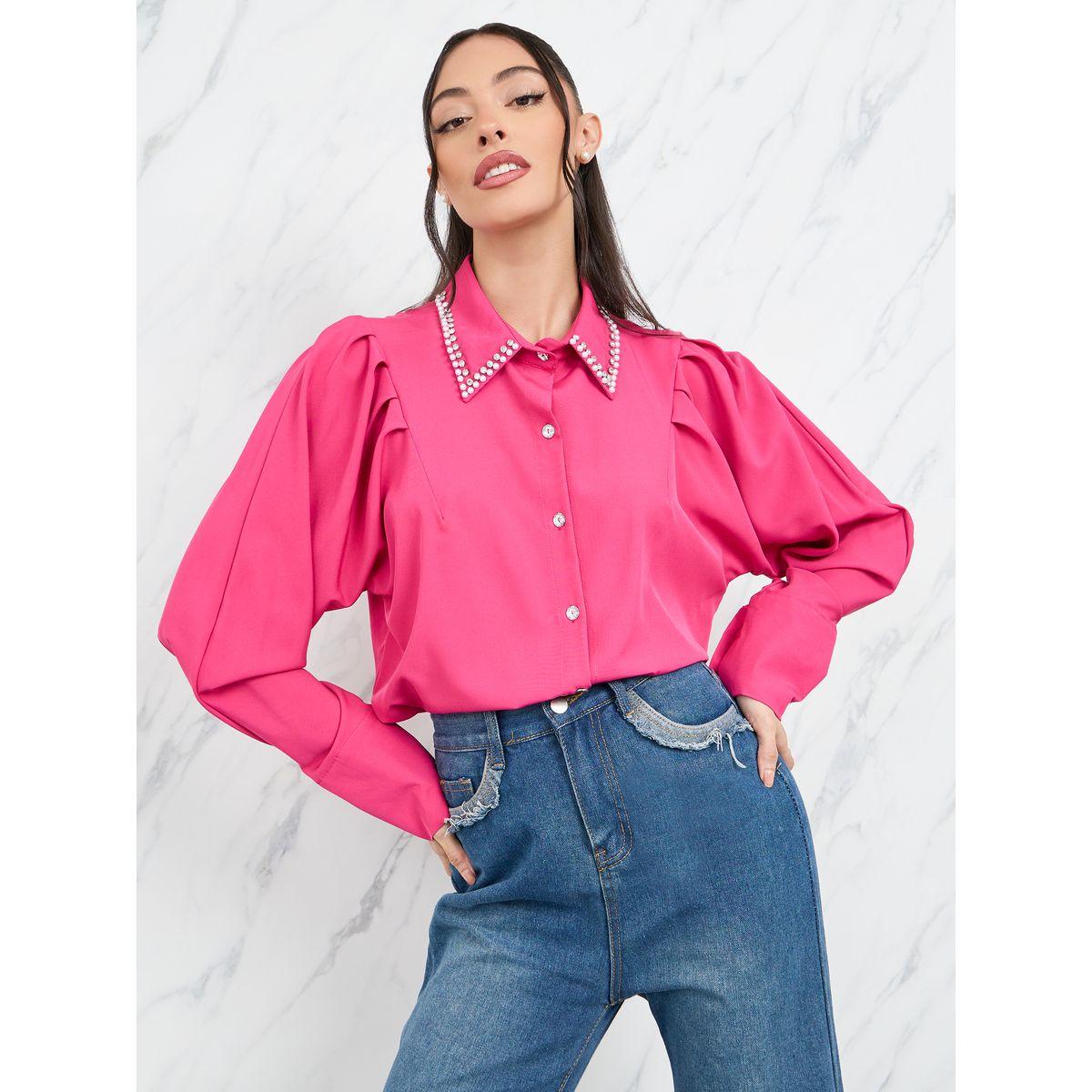 Styli Embellished Collar Pleated Batwing Sleeves Shirt-women-clothing-shirtsandblouses-shirts-image-1