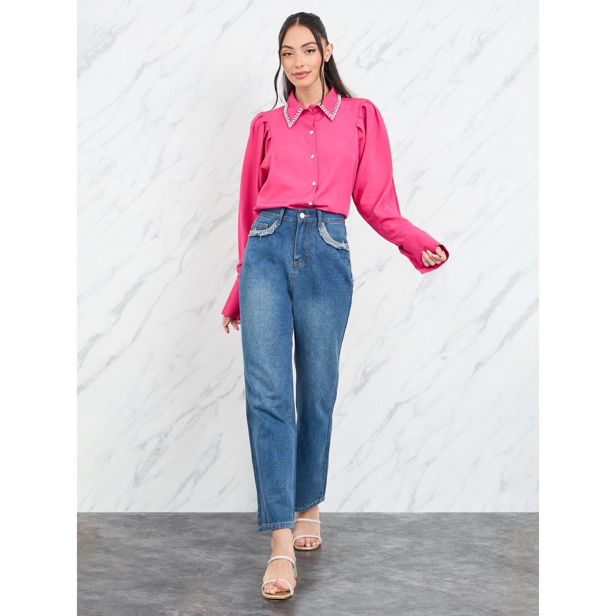 Styli Embellished Collar Pleated Batwing Sleeves Shirt-women-clothing-shirtsandblouses-shirts-image-2