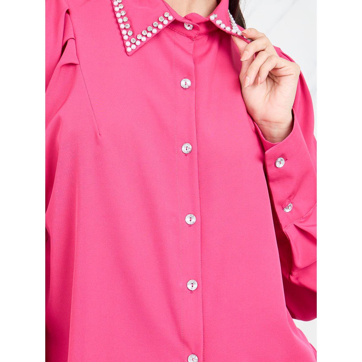Styli Embellished Collar Pleated Batwing Sleeves Shirt-women-clothing-shirtsandblouses-shirts-image-4