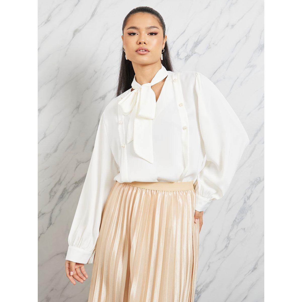 Styli Pearl Detail Tie Up Neck Solid Blouse-women-clothing-shirtsandblouses-blouses-image-1