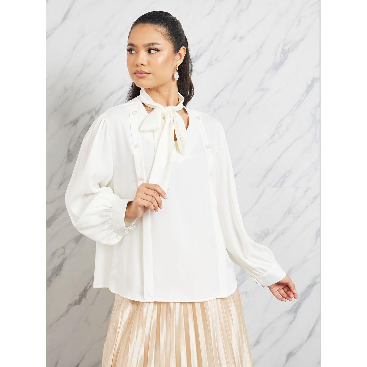 Styli Pearl Detail Tie Up Neck Solid Blouse-women-clothing-shirtsandblouses-blouses-image-2