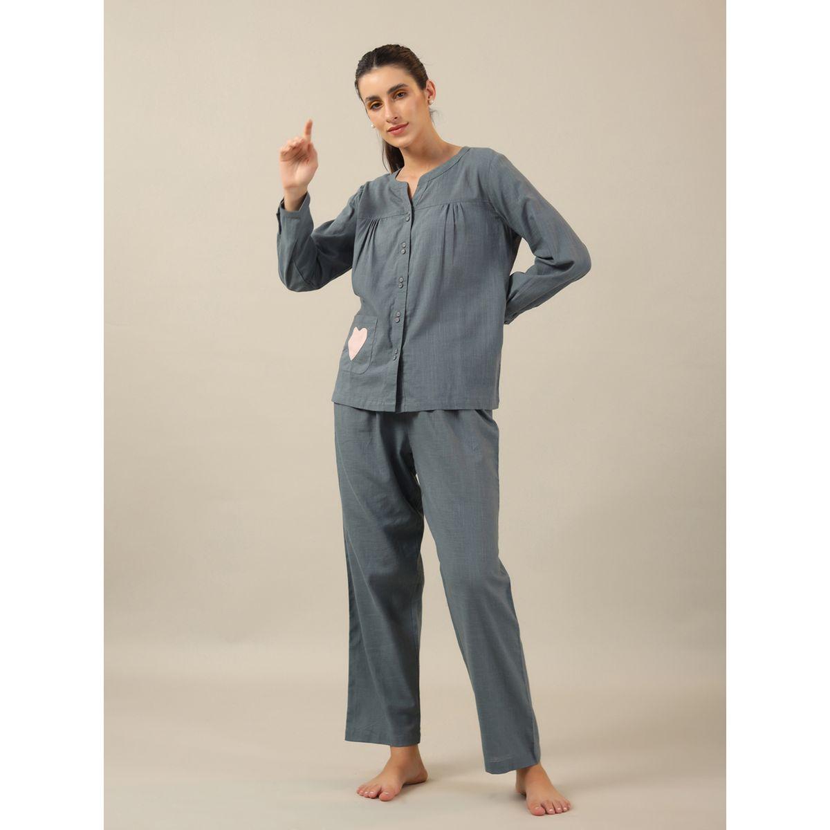 طقم من بنطال مع بلوزة بتفاصيل جيب سانسكريتي هومز × ستايلي-women-clothing-nightwear-pyjamas-longsets-image-2