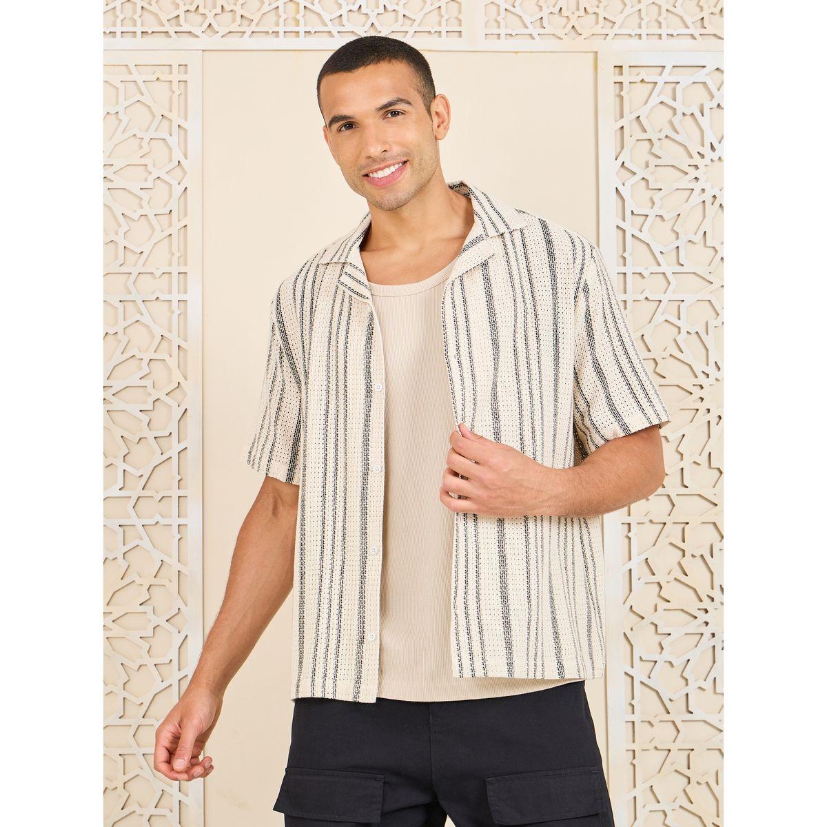 Styli Cotton Striped Resort Collar Relaxed Fit Knit Shirt-men-clothing-shirts-image-1