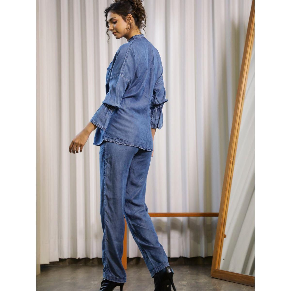 طقم منسق من بنطال وبلوزة بياقة ماندارين وأربطة سانسكريتي هومز × ستايلي-women-clothing-coordsets-image-1