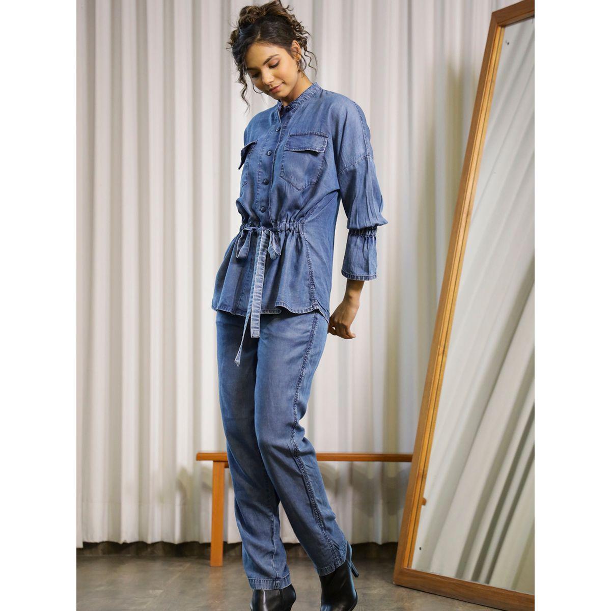 Sanskrutihomes X Styli Denim Look Mandarin Collar Flap Pocket Shirt with Tie Up Detail & Pants Co-Ord-women-clothing-coordsets-image-3