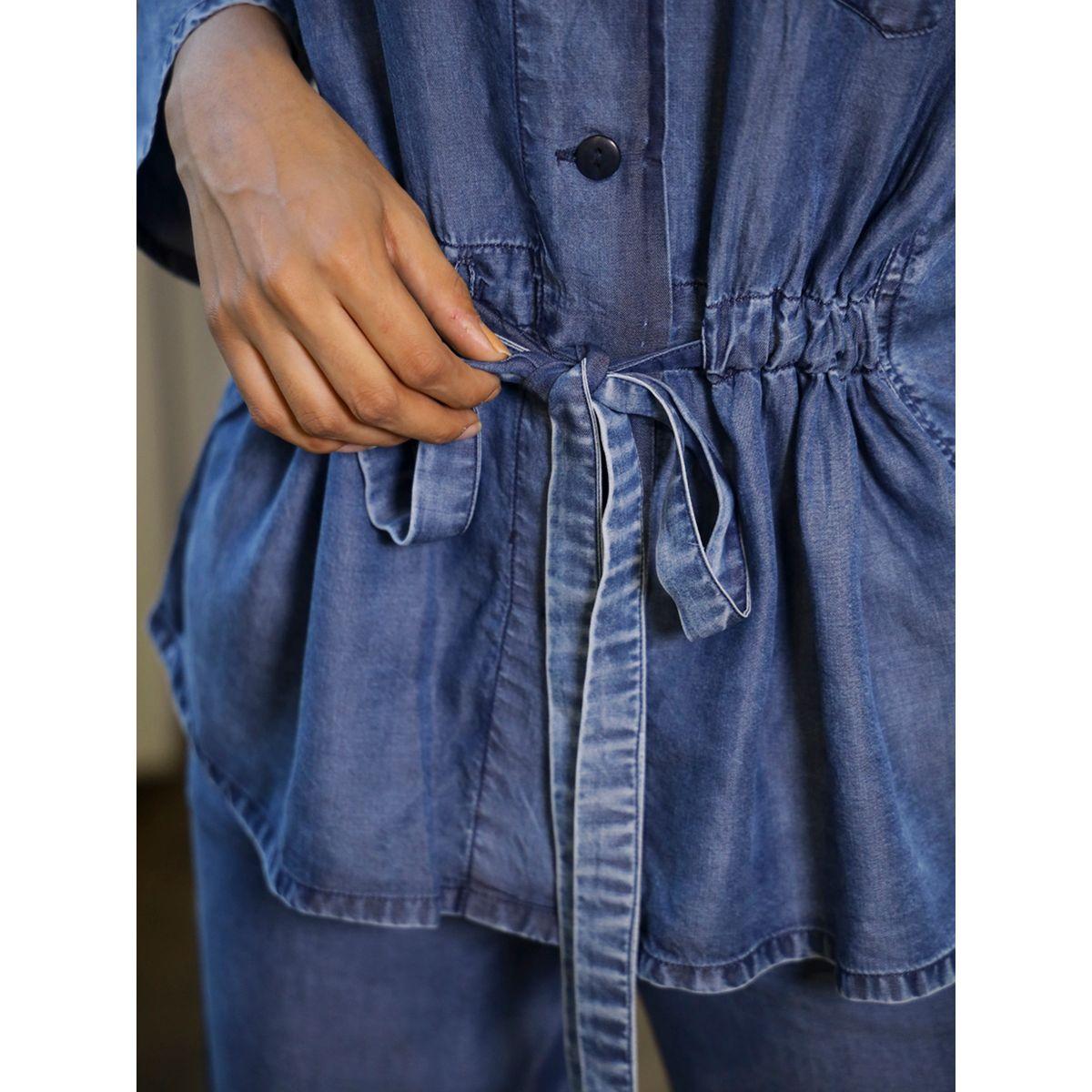 Sanskrutihomes X Styli Denim Look Mandarin Collar Flap Pocket Shirt with Tie Up Detail & Pants Co-Ord-women-clothing-coordsets-image-6