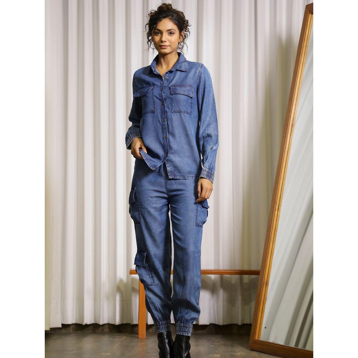 Sanskrutihomes X Styli Denim Look Flap Pocket Shirt & Pants Co-Ord-women-clothing-coordsets-image-1