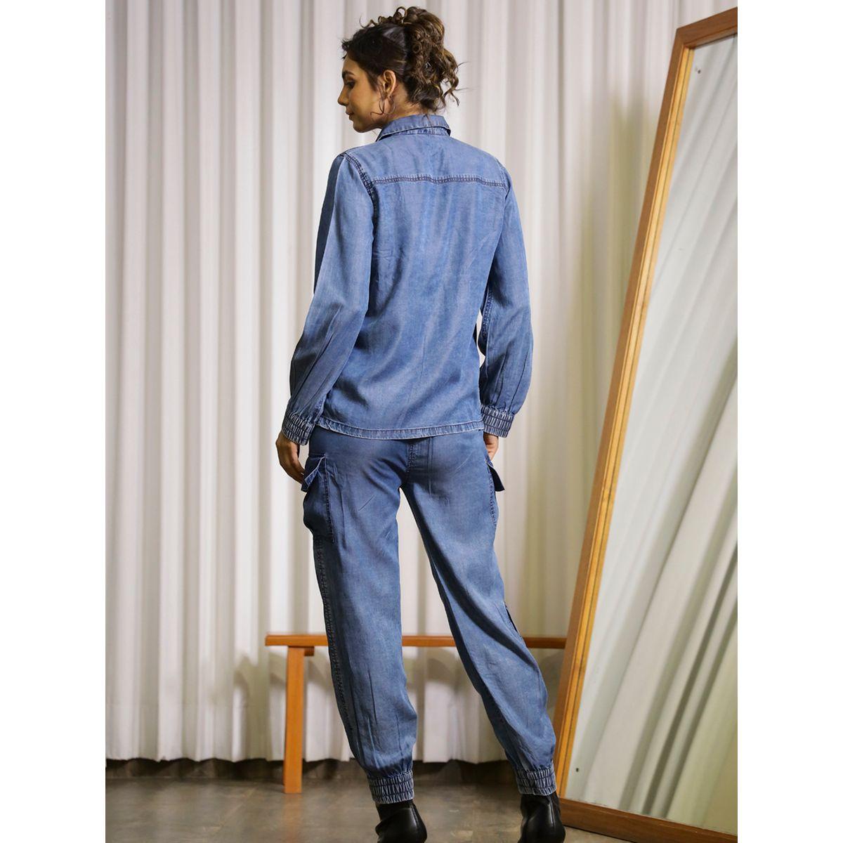 Sanskrutihomes X Styli Denim Look Flap Pocket Shirt & Pants Co-Ord-women-clothing-coordsets-image-2