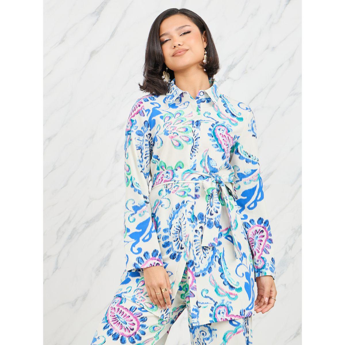 بنطال بقصة مستقيمة مع بلوزة بطبعة بيزلي وأربطة-women-clothing-coordsets-image-2