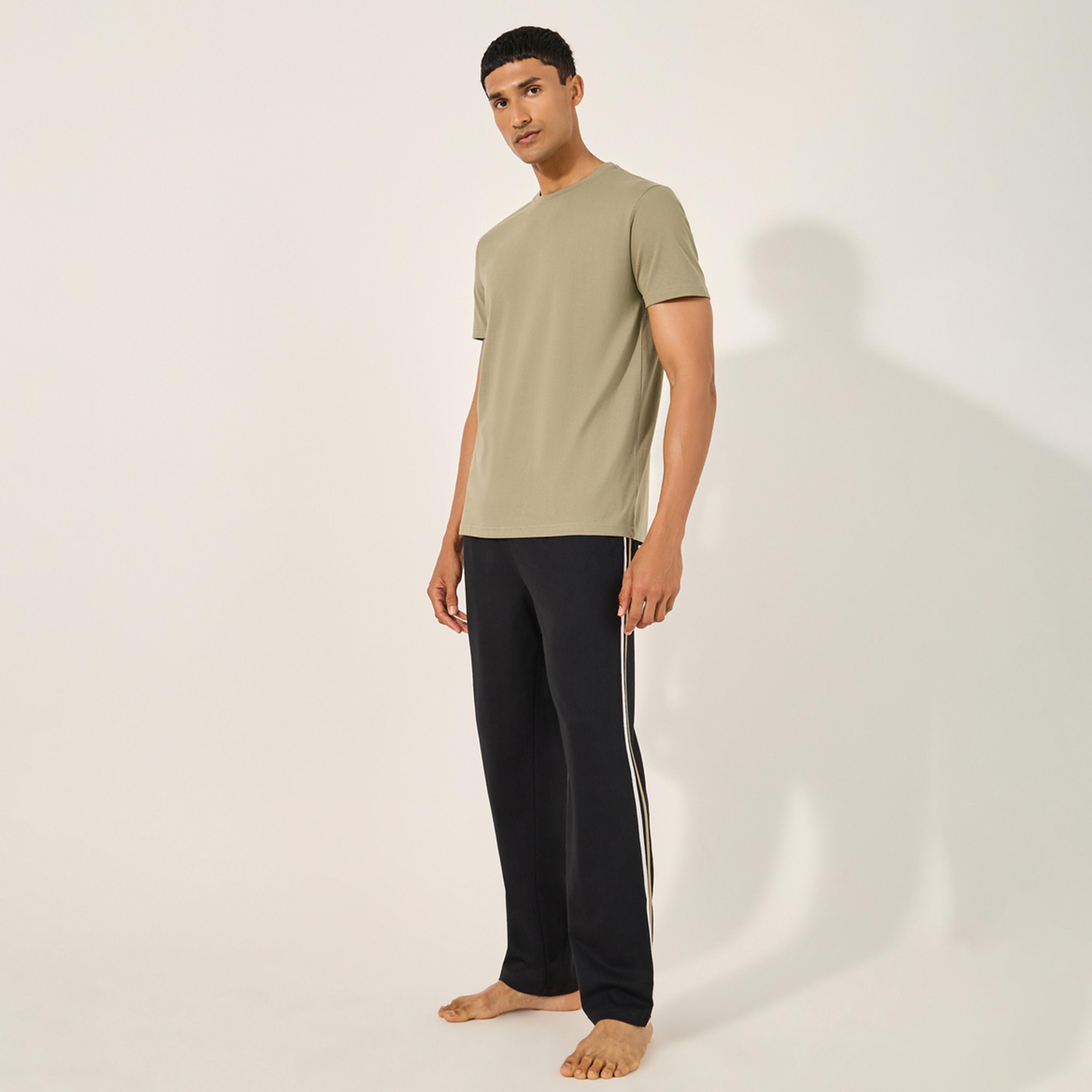 Styli Solid Round Neck T-Shirt and Striped Pyjama Set-men-clothing-nightwear-sets-image-1