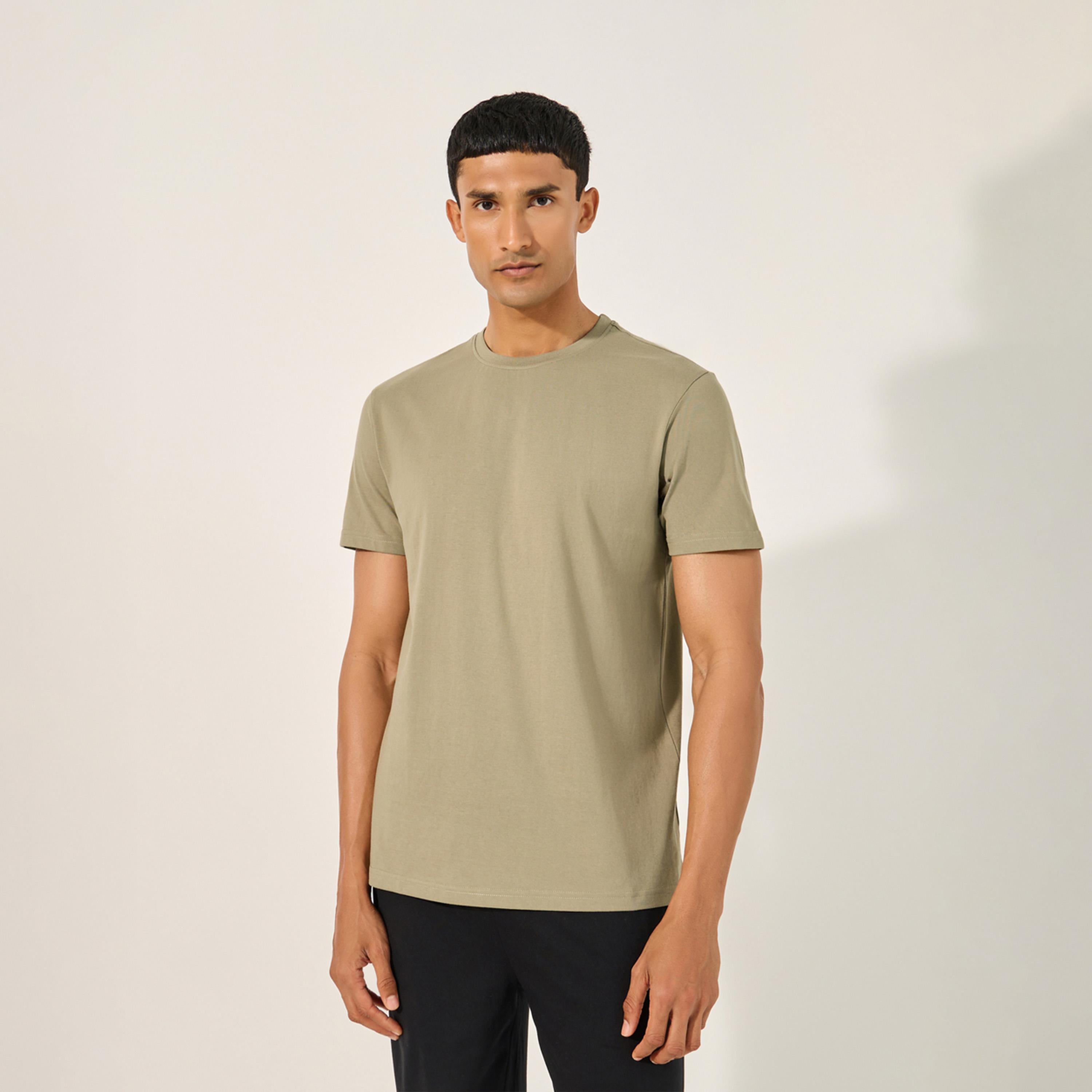 Styli Solid Round Neck T-Shirt and Striped Pyjama Set-men-clothing-nightwear-sets-image-2
