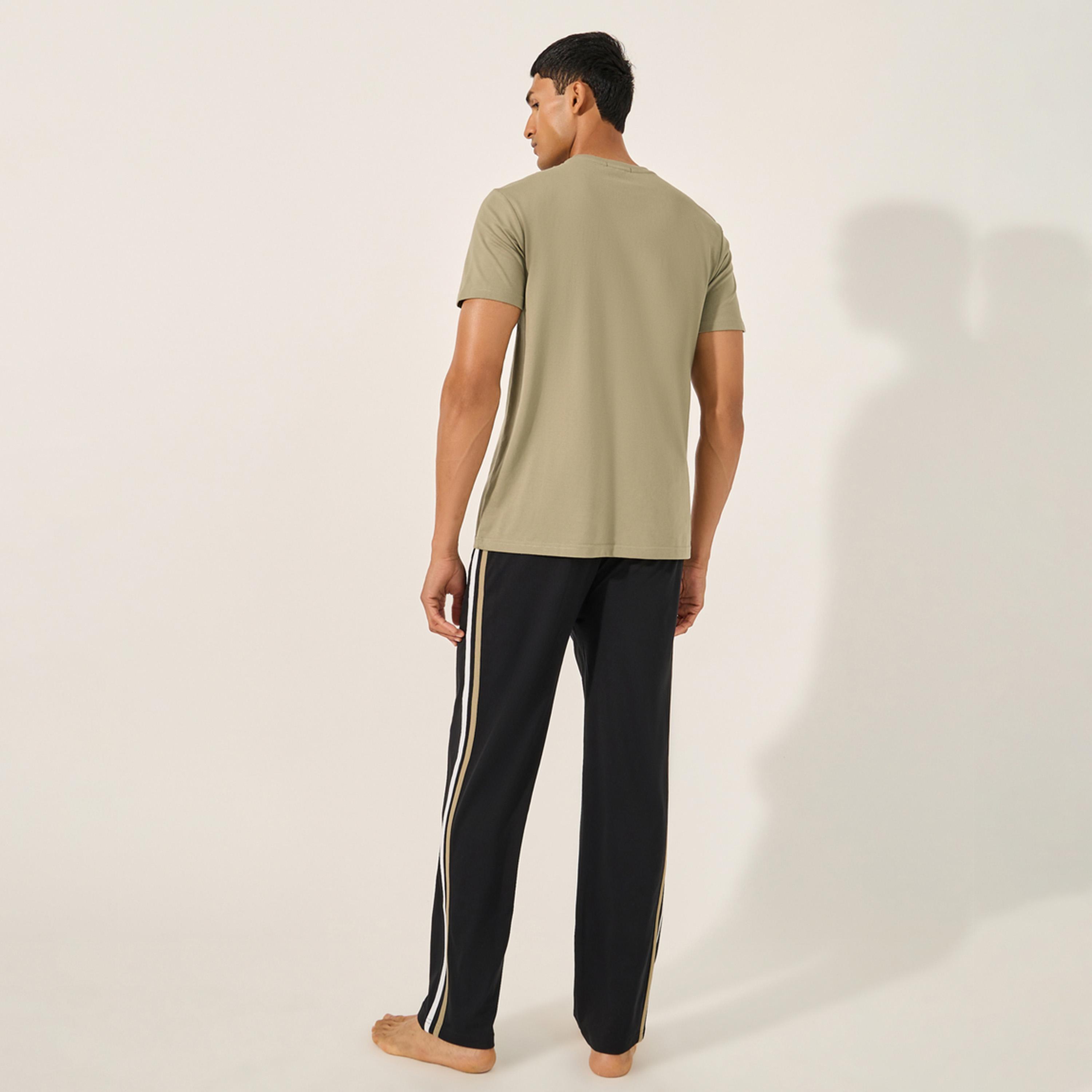 Styli Solid Round Neck T-Shirt and Striped Pyjama Set-men-clothing-nightwear-sets-image-4