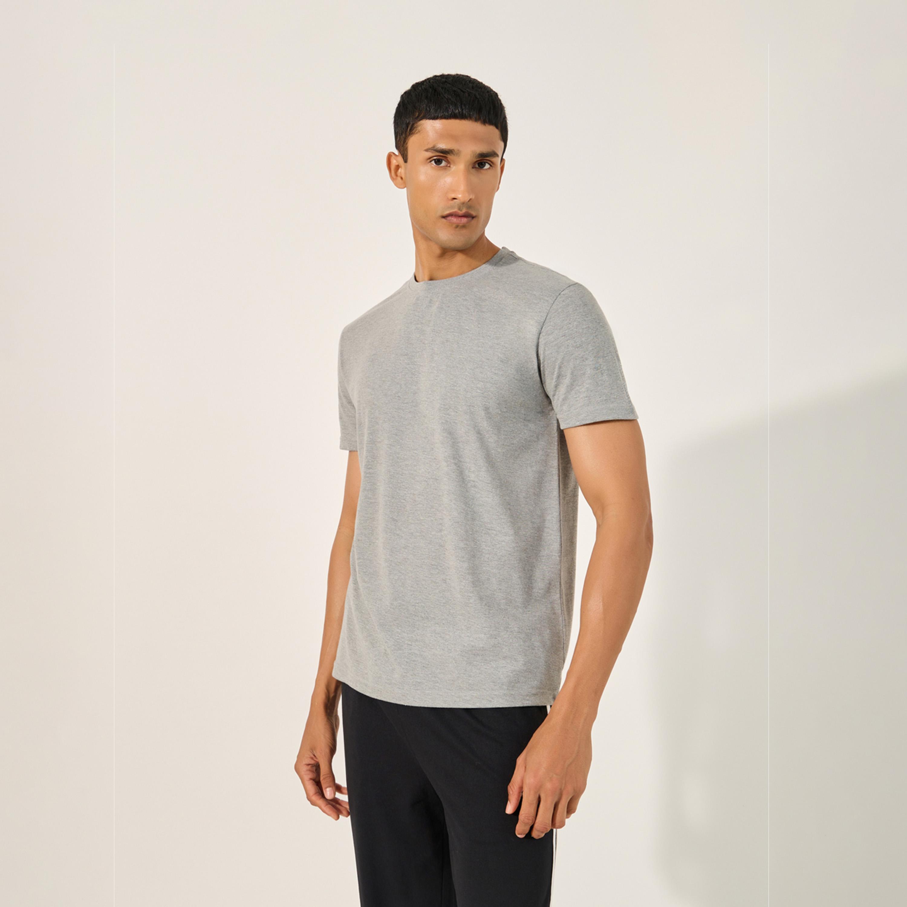 Styli Solid Round Neck T-Shirt and Striped Pyjama Set-men-clothing-nightwear-sets-image-2