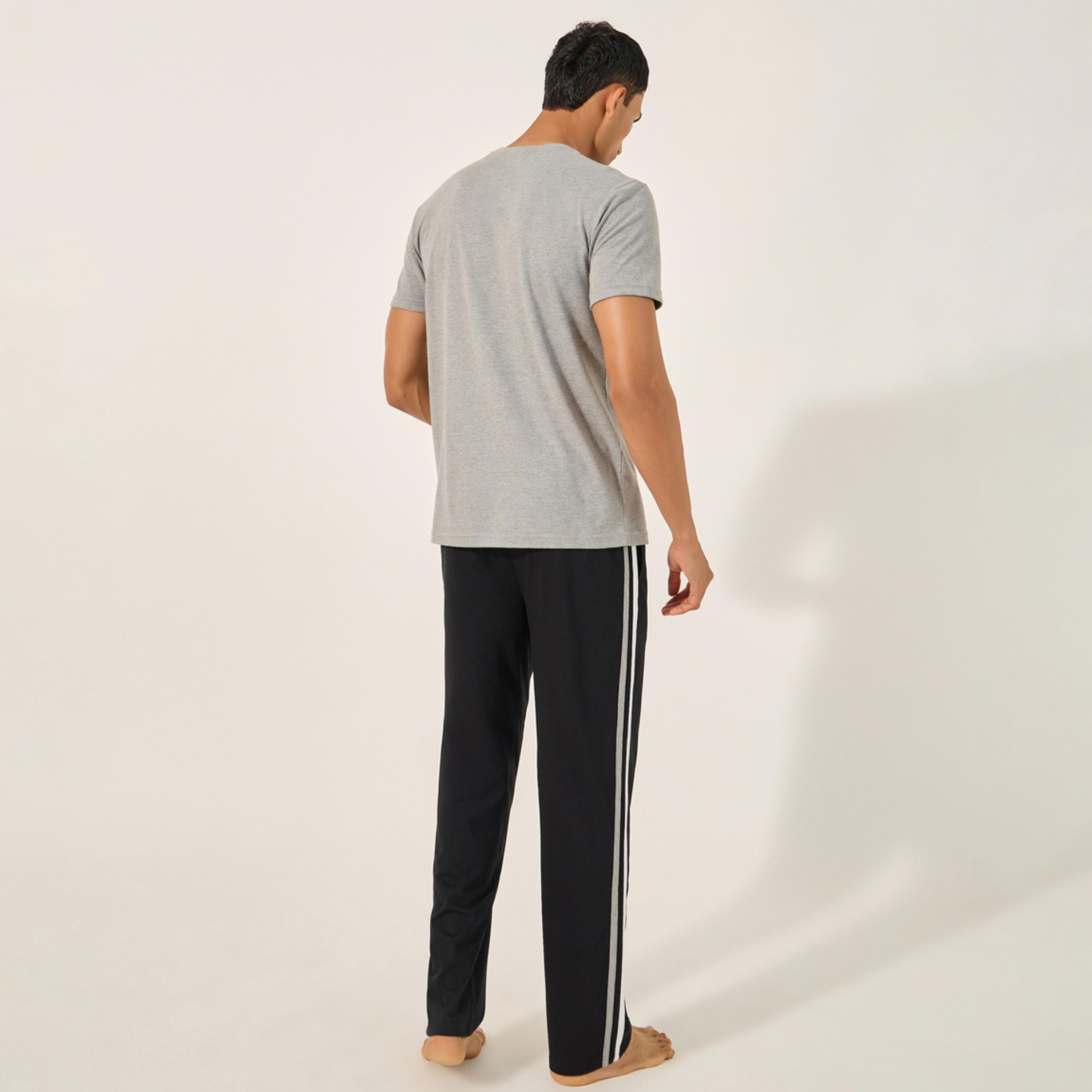 Styli Solid Round Neck T-Shirt and Striped Pyjama Set-men-clothing-nightwear-sets-image-4