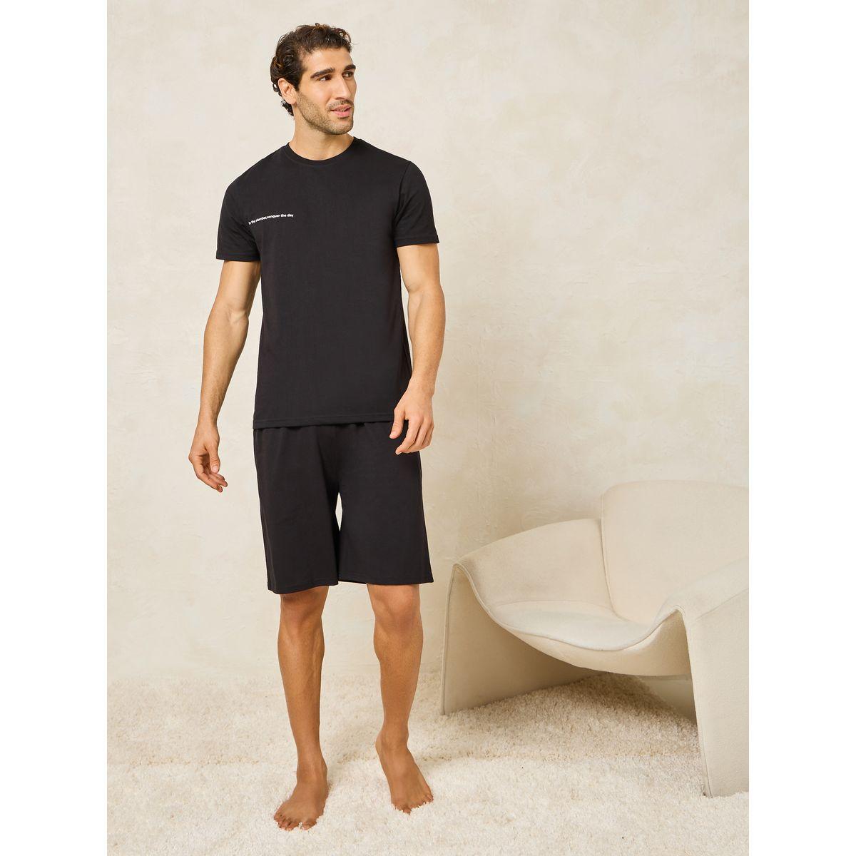 Styli Unwind Text Print Crew Neck T-Shirt & Solid Shorts Set-men-clothing-nightwear-sets-image-1