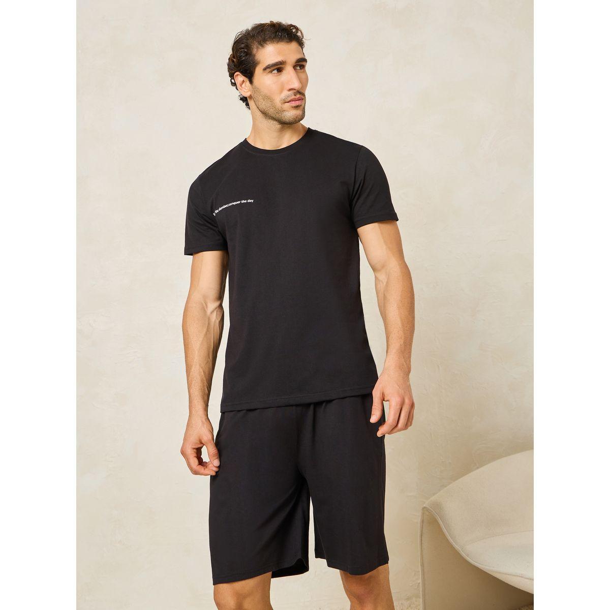 Styli Unwind Text Print Crew Neck T-Shirt & Solid Shorts Set-men-clothing-nightwear-sets-image-2