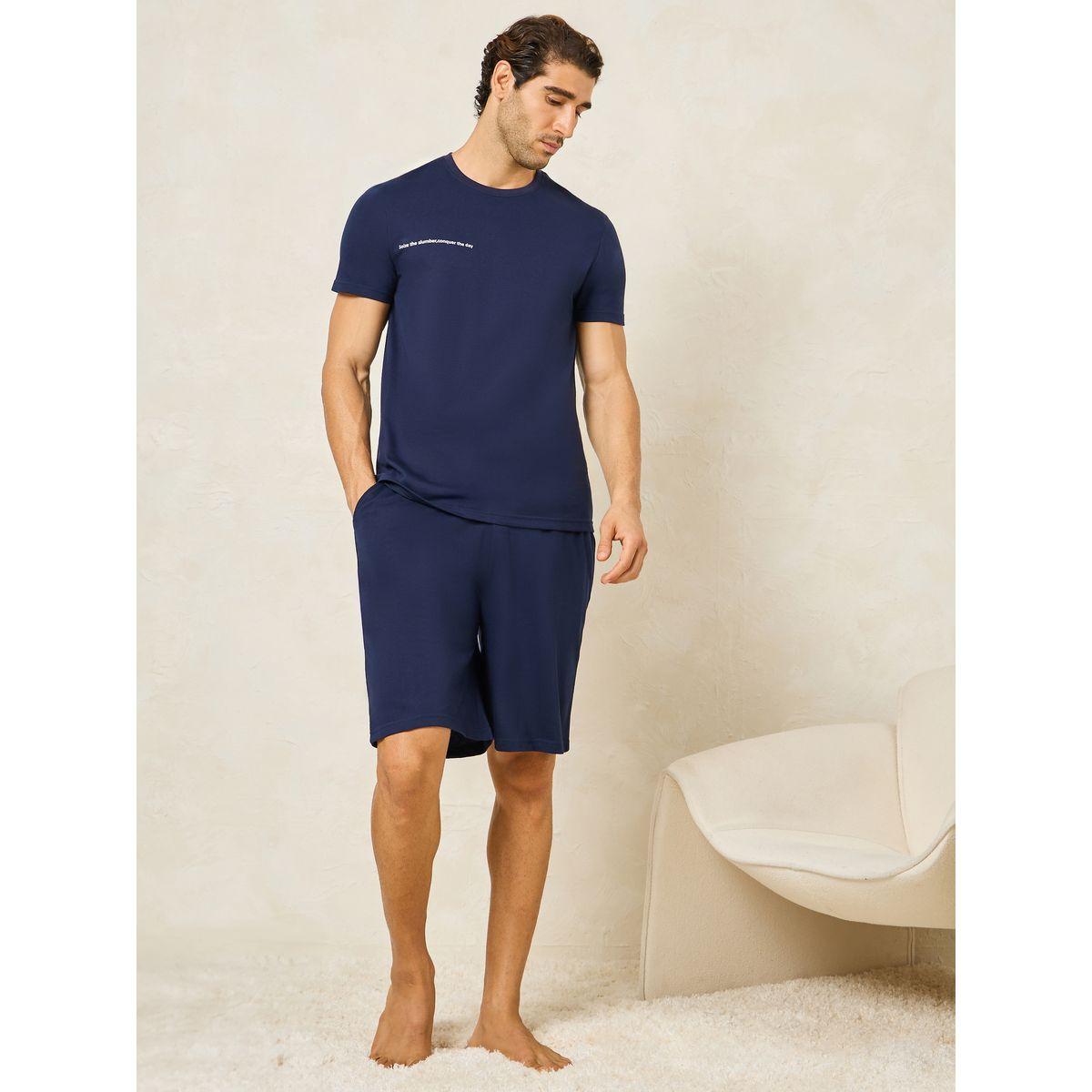 Styli Unwind Text Print Crew Neck T-Shirt & Solid Shorts Set-men-clothing-nightwear-sets-image-1