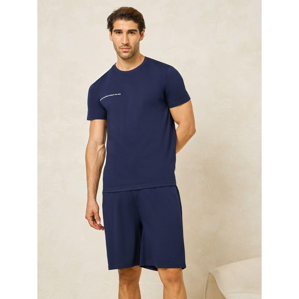 Styli Unwind Text Print Crew Neck T-Shirt & Solid Shorts Set-men-clothing-nightwear-sets-image-2