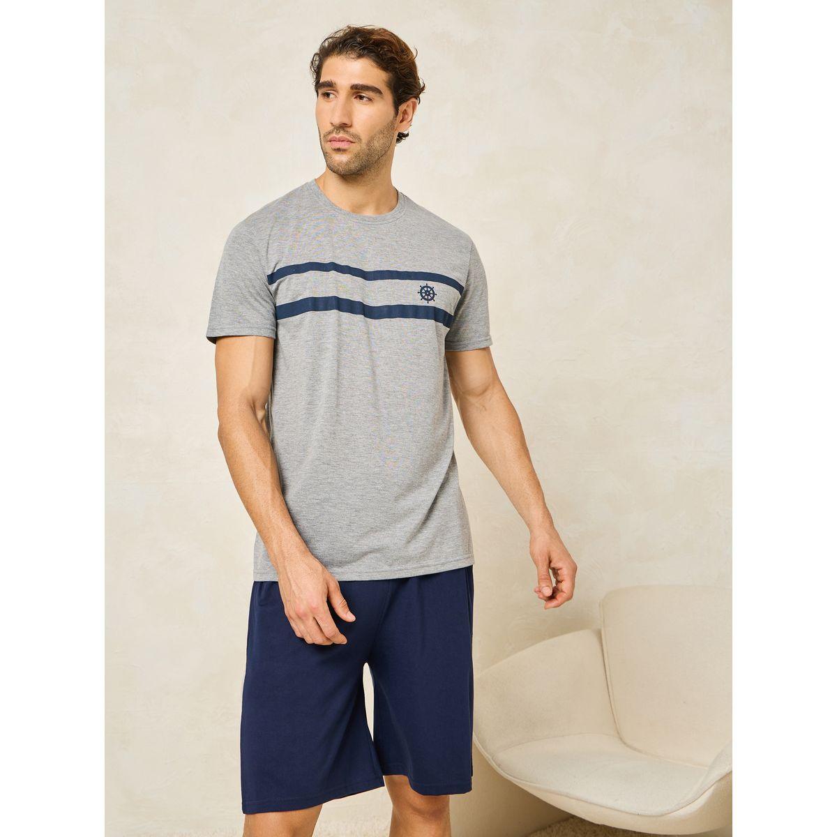 Styli Unwind Striped Crew Neck T-Shirt & Short Set-men-clothing-nightwear-sets-image-2