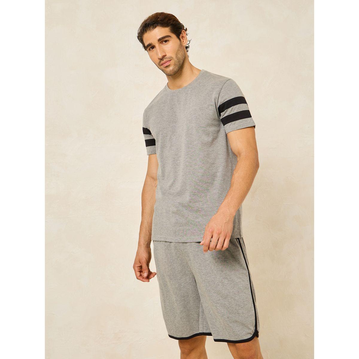 Styli Unwind Striped Sleeves Detail T-Shirt & Shorts Set-men-clothing-nightwear-sets-image-1