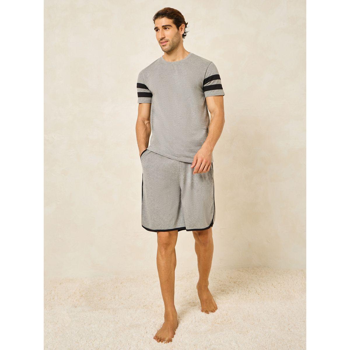 Styli Unwind Striped Sleeves Detail T-Shirt & Shorts Set-men-clothing-nightwear-sets-image-2