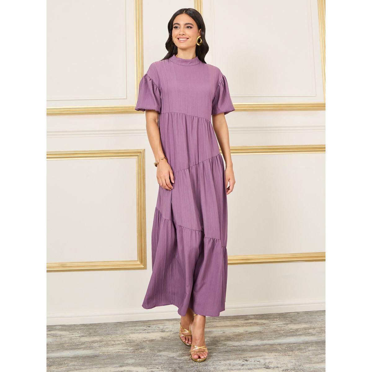 فستان طويل بكسرات وياقة عالية-women-clothing-dresses-image-1