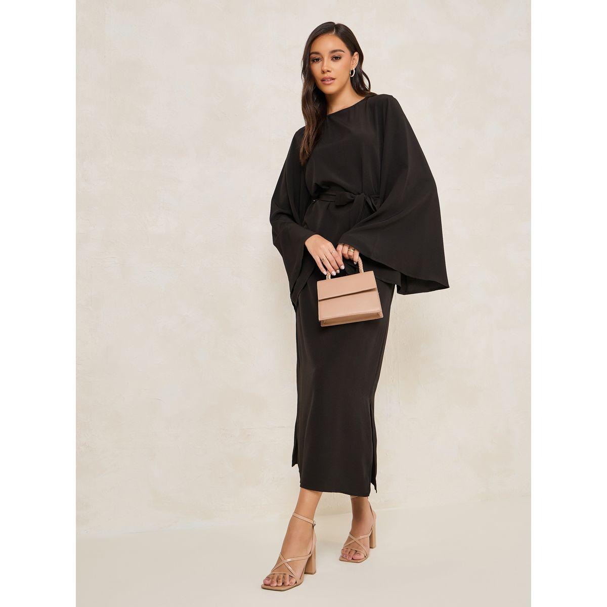 Styli Solid Tie Belt Shift Maxi Dress with Side Slit-women-clothing-dresses-image-1