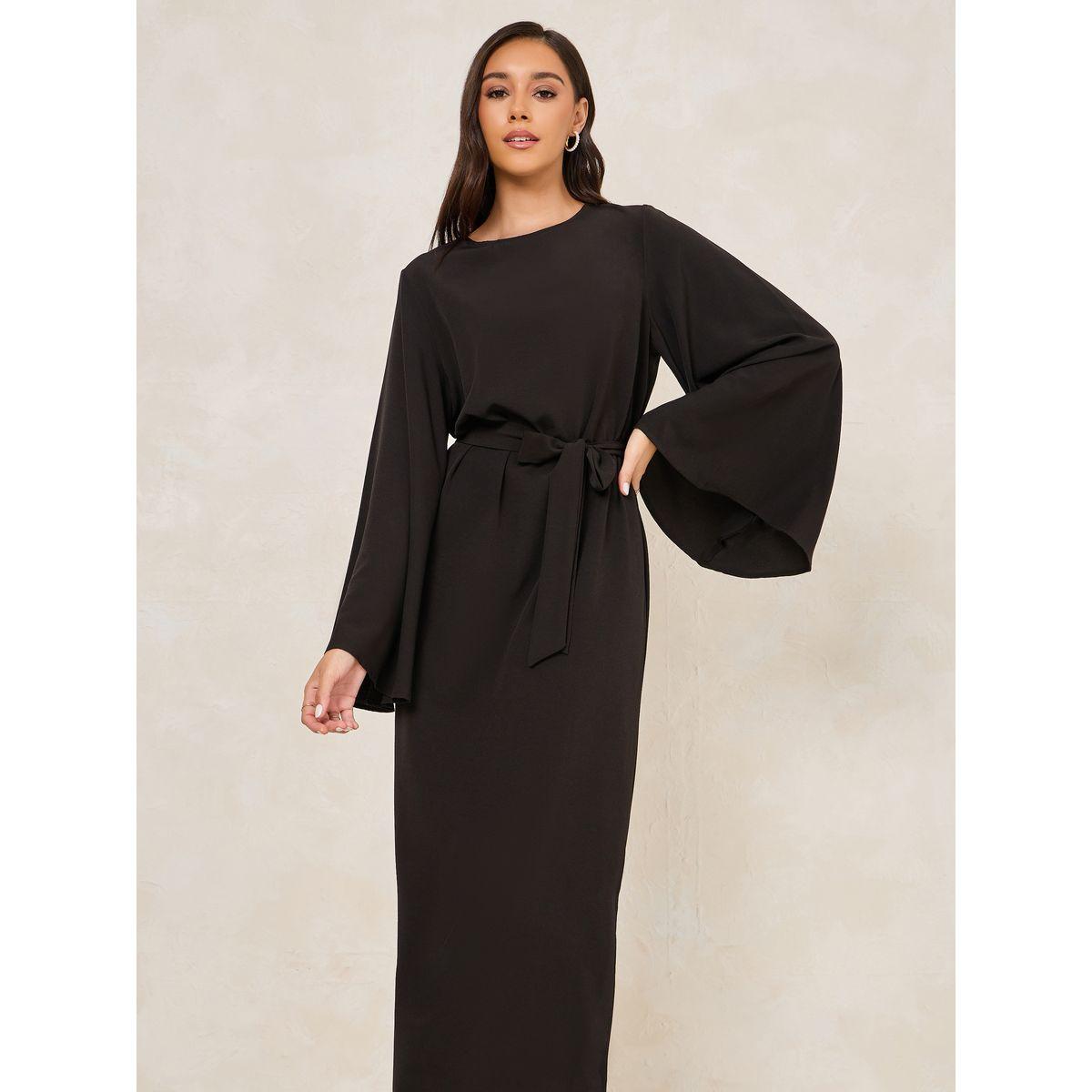 Styli Solid Tie Belt Shift Maxi Dress with Side Slit-women-clothing-dresses-image-2
