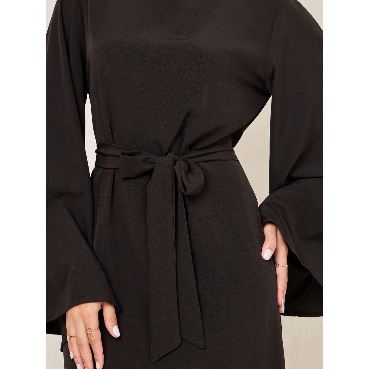 Styli Solid Tie Belt Shift Maxi Dress with Side Slit-women-clothing-dresses-image-3