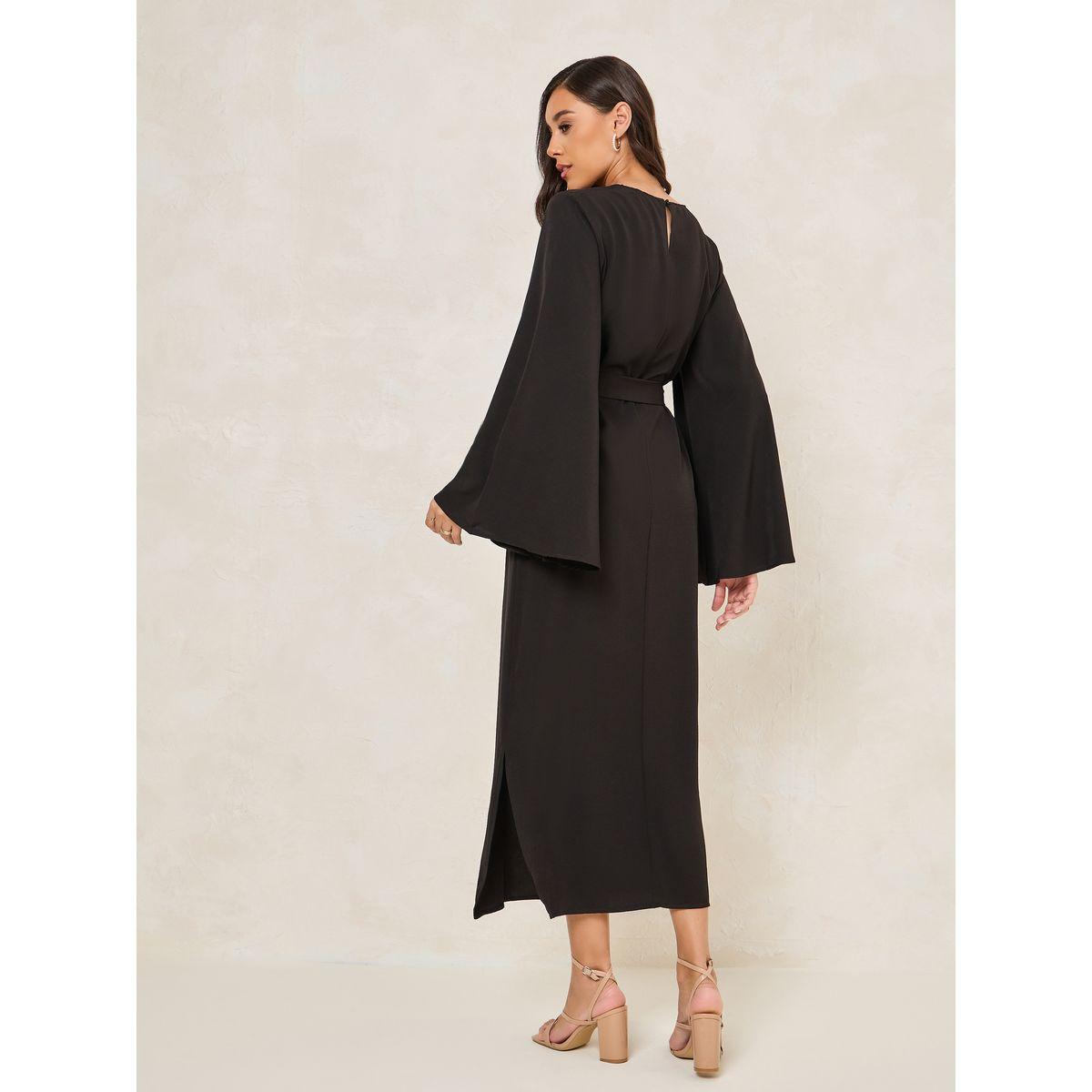 Styli Solid Tie Belt Shift Maxi Dress with Side Slit-women-clothing-dresses-image-4