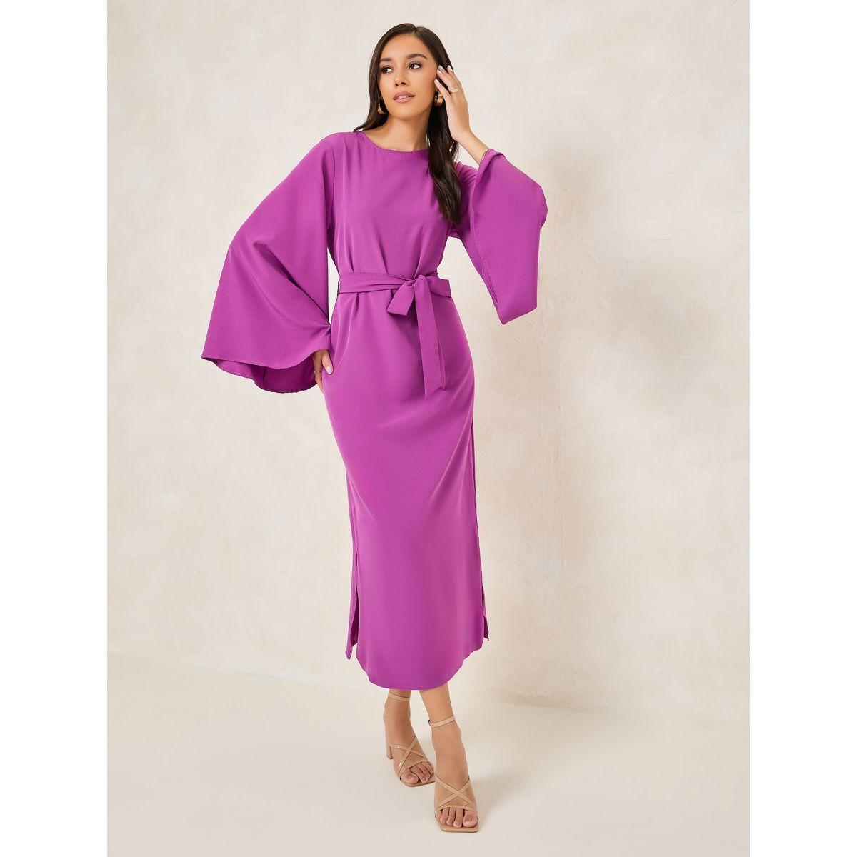 Styli Solid Tie Belt Shift Maxi Dress with Side Slit-women-clothing-dresses-image-1