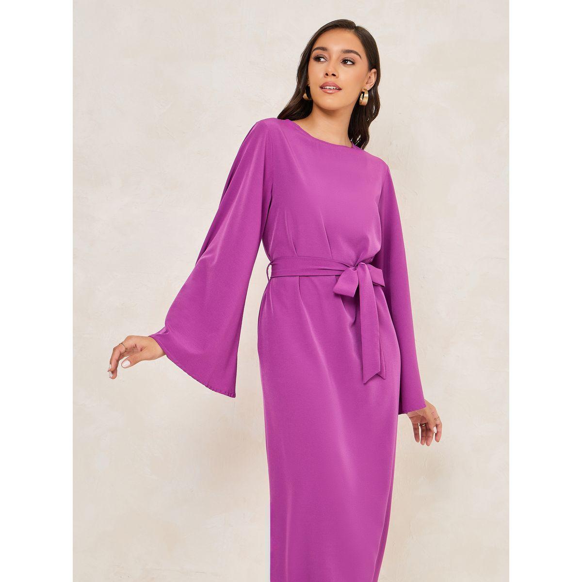 Styli Solid Tie Belt Shift Maxi Dress with Side Slit-women-clothing-dresses-image-2
