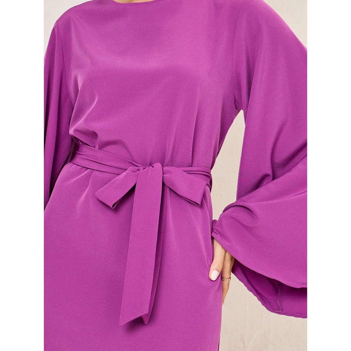 Styli Solid Tie Belt Shift Maxi Dress with Side Slit-women-clothing-dresses-image-3