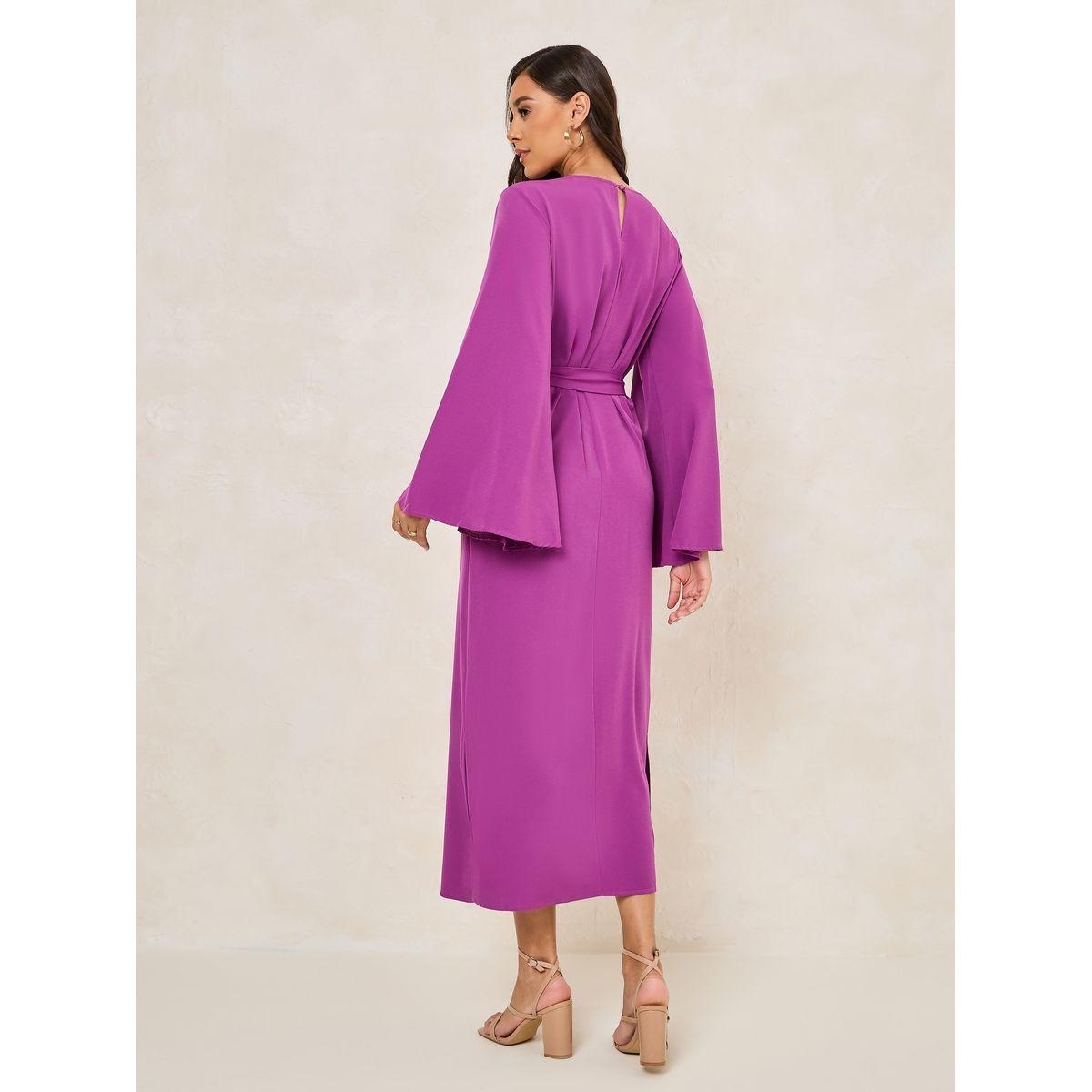 Styli Solid Tie Belt Shift Maxi Dress with Side Slit-women-clothing-dresses-image-4