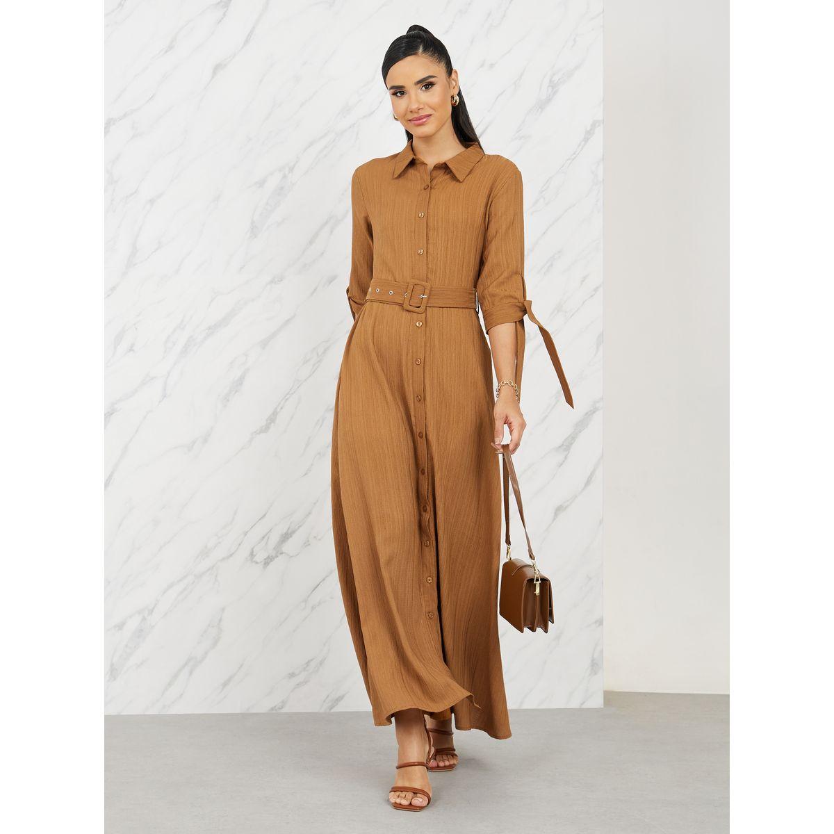 Styli Textured Belted Shirt Maxi Dress-women-clothing-dresses-image-1