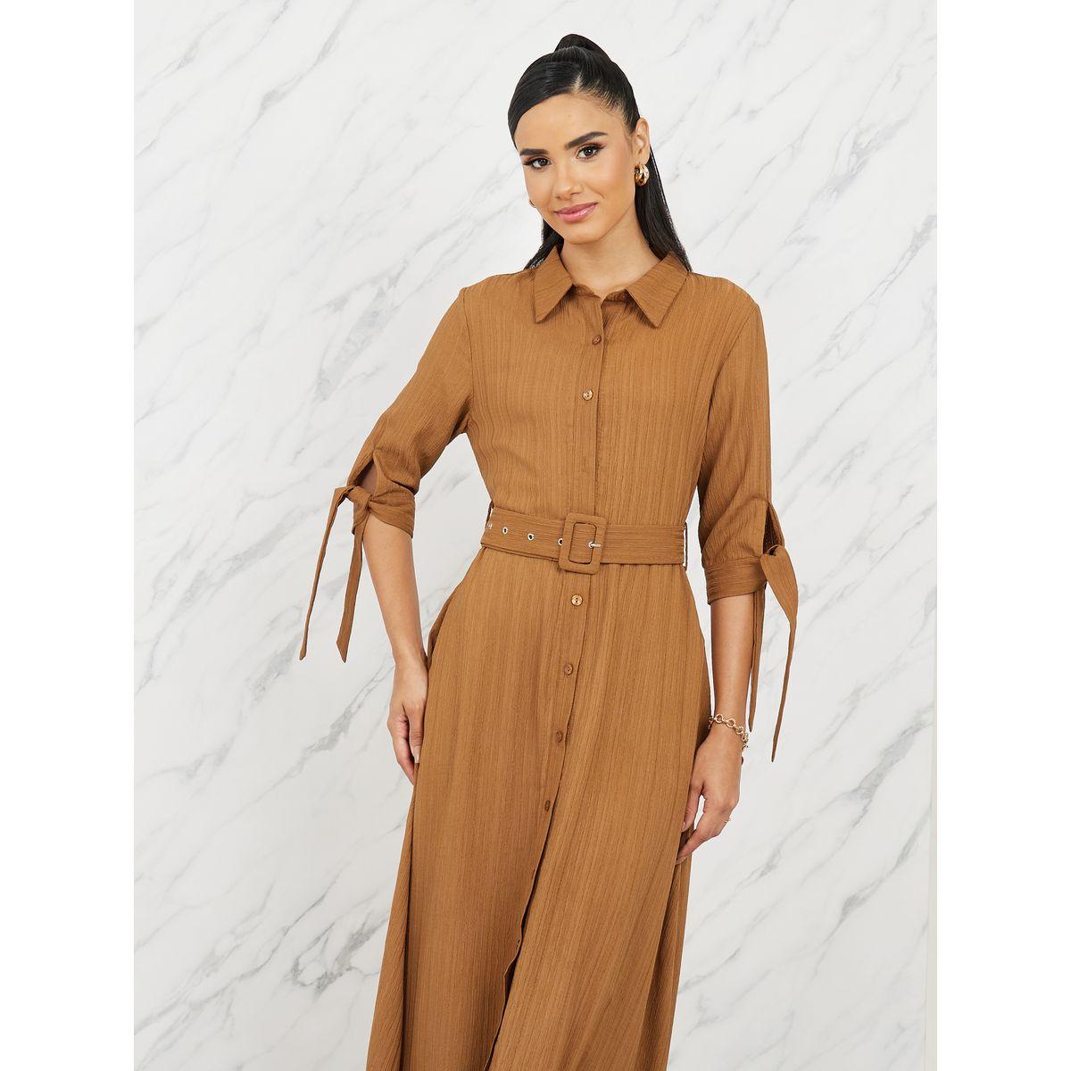 Styli Textured Belted Shirt Maxi Dress-women-clothing-dresses-image-2