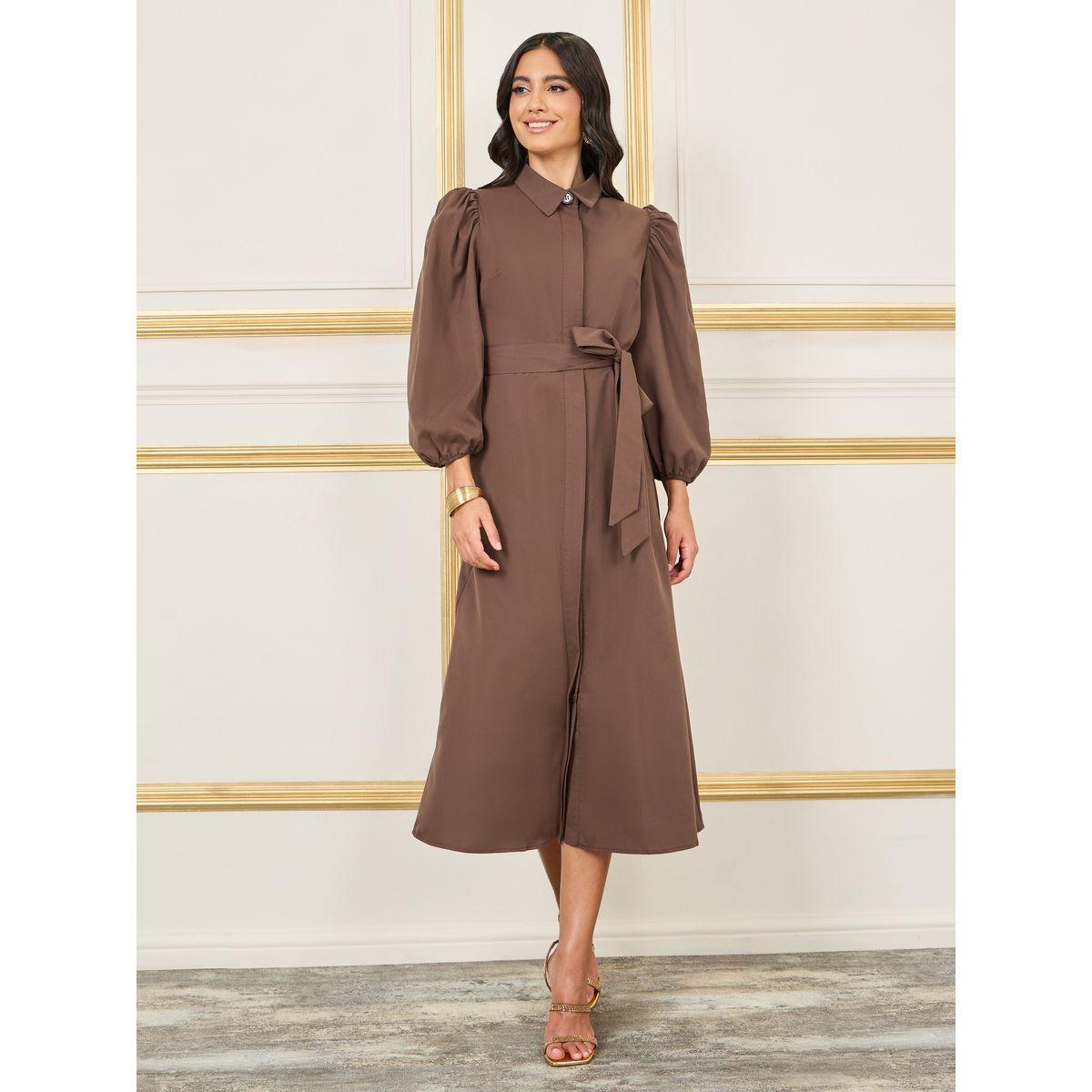 Styli Solid Concealed Placket Shirt Midi Dress with Self Tie Up-women-clothing-dresses-image-1